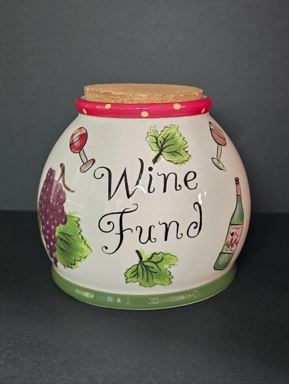 Nantucket Home Ceramic Wine Fund Coin Savings Jar Storage Pot Cork Lid Grape